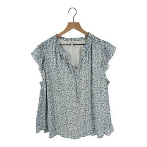 Blousology Light Blue Floral Ruffle‎ Sleeve Blouse V-Neckline Lined Size 2X
